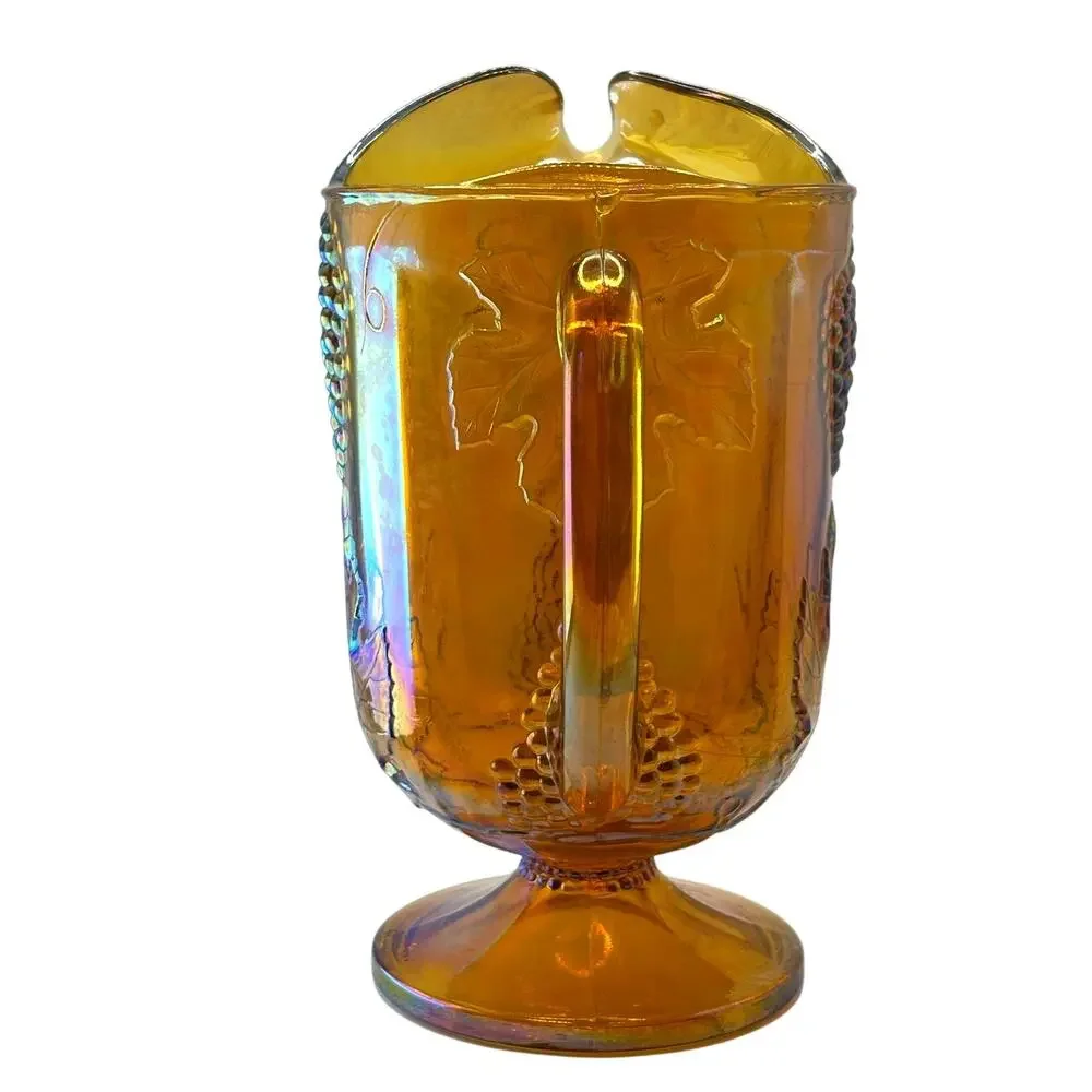 VTG 1970's Indiana Glass Pitcher in Harvest Grapes Pattern, Amber Carnival Glass